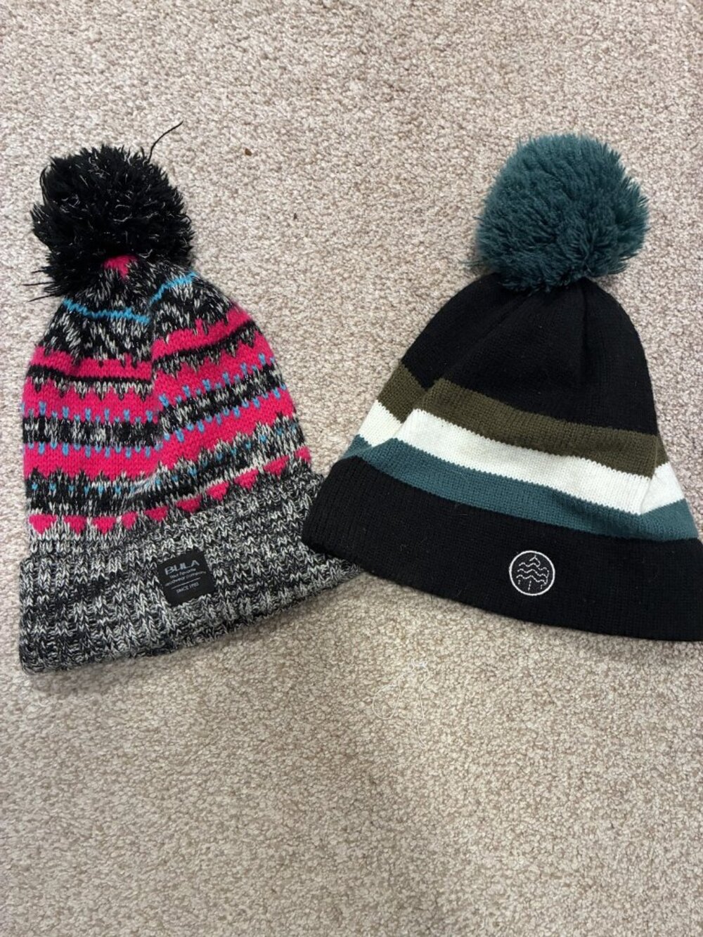 Lot of 2 Pom Pom Beanies Bula Pink Fair Isle + Black Striped Knit Hat